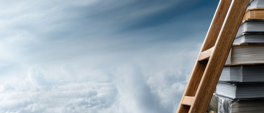 Books stacked high with ladders and clouds, representing the journey of knowledge against a bright blue sky for successful learning and education - Powered by Adobe