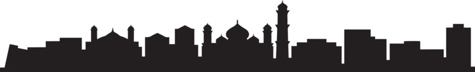 Middle eastern cityscape silhouette with traditional minarets domes and modern buildings