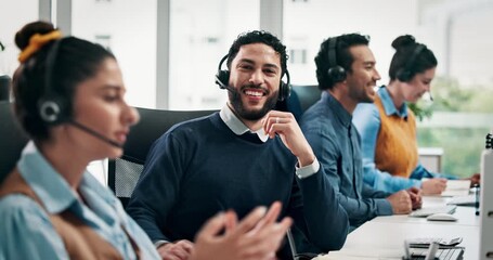 Face, man and headset with arms crossed in call center for customer service, assistance and help desk. Portrait, advisor and coworking with computer, contact us and confidence for technical support
