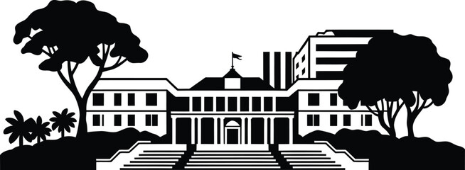 Silhouette illustration of historical government building with trees and modern structures