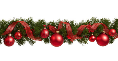 Christmas garland with red ornaments and ribbon on pine branches isolated on a transparent background