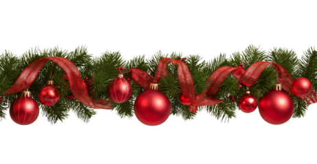 Christmas garland with red ornaments and ribbon on pine branches isolated on a transparent background