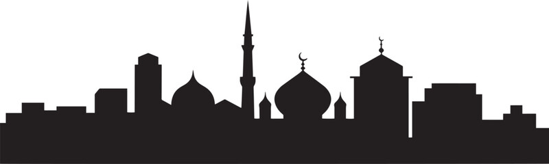 Silhouette vector of islamic cityscape featuring tall minaret domes and modern rectangular buildings urban panorama background.