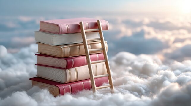 Colorful books stacked high with ladders leading into bright clouds under a blue sky inviting adventure and knowledge