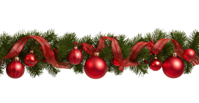 Christmas garland with red ornaments and ribbon on pine branches isolated on a transparent background