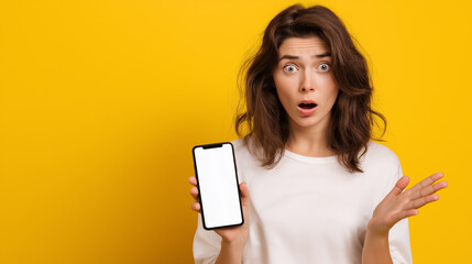 Shocked Woman Presents Blank Phone Screen on Bright Yellow Background