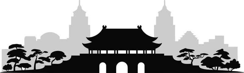 Traditional asian gate silhouette with curved roof and pine trees against city skyline background