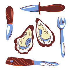 A composition with oysters and oyster eating utensils. Oyster knives, a shellfish fork