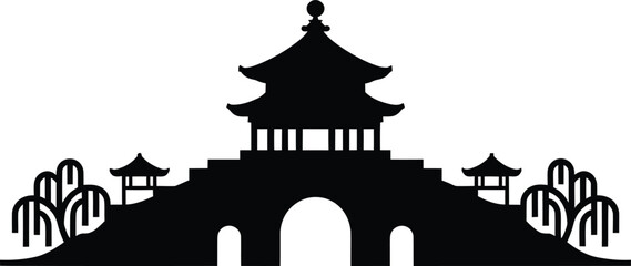 Traditional east asian pagoda temple structure silhouette vector illustration landmark drawing background