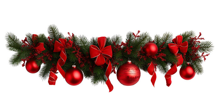 Christmas garland with pine branches red bows and baubles isolated on a transparent background evergreen