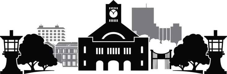 Urban cityscape silhouette with clock tower building bridge trees and street lights black vector