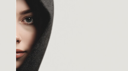 Half face portrait of a young woman in a dark hood