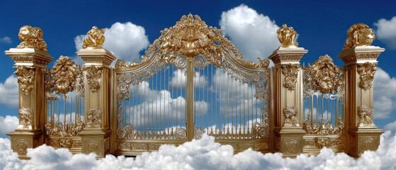 Heavenly gates open wide in a golden and diamond-studded cloud scene, revealing a breathtaking view of the celestial realm