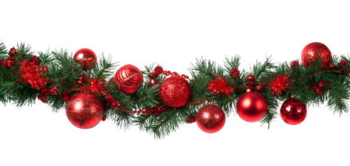 Festive Christmas garland with red baubles and glittery accents isolated on a transparent background