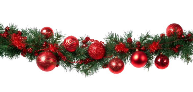 Festive Christmas garland with red baubles and glittery accents isolated on a transparent background