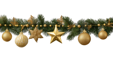 Christmas garland with gold ornaments and pine branches isolated on a transparent background image