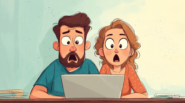 Shocked couple staring at a laptop screen with wide eyed expressions.