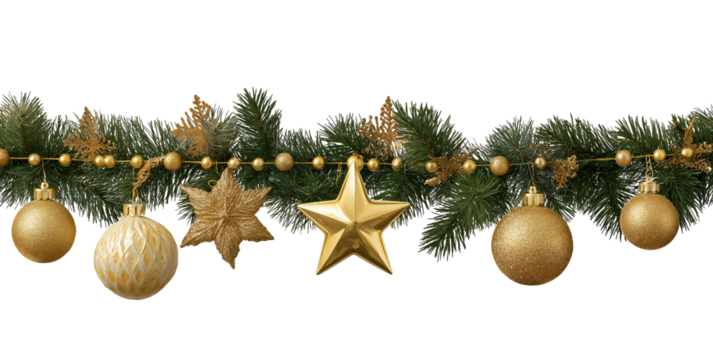 Christmas garland with gold ornaments and pine branches isolated on a transparent background image