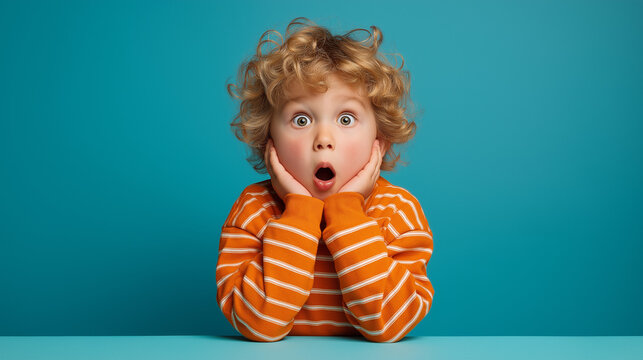 Astonished boy with curly blonde hair against a vibrant blue backdrop.