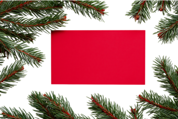 Red rectangle framed by green pine branches with red accents isolated on a transparent background christmas