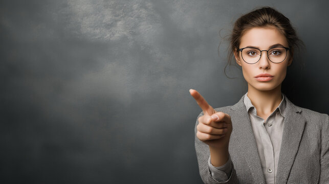 Confident woman in glasses pointing finger with serious expression