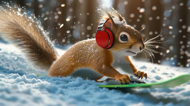 A cartoon red squirrel with red headphones is skiing on green skis through the snow in a winter forest, with snowflakes and snow splashes flying around.	