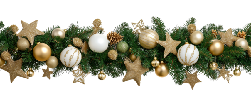 Christmas garland with gold and white ornaments and pine cones isolated on a transparent background decoration