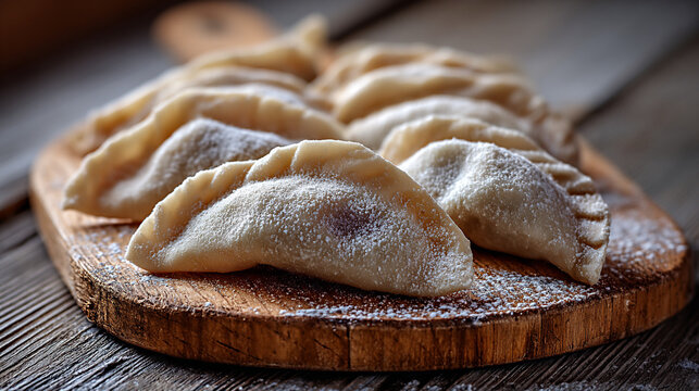 Delicious homemade dumplings arranged on a wooden cutting board, dusted with flour, showcasing traditional culinary art and inviting presentation for food lovers