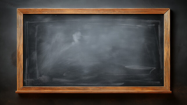 Empty chalkboard with wooden frame on a dark textured background.