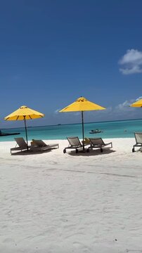 Colorful beach umbrellas and numerous lounge chairs
Set along the sandy beach under a bright cloudy sky
Relaxing coastal scene with soft waves in the background
Ideal for travel vaca