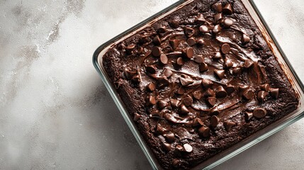 Chocolate dump cake in baking pan, overhead shot, neutral marble background