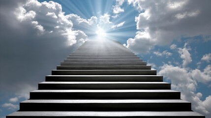 Endless stairway leading to a bright, heavenly realm with clouds and sun rays shining through an expansive, colorful sky
