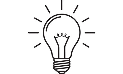 A simple black and white line drawing of a glowing light bulb with radiating lines