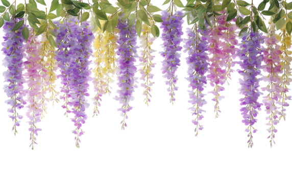 Cascading Wisteria Flowers in Shades of Purple Pink and Yellow with Green Leaves isolated on a transparent background