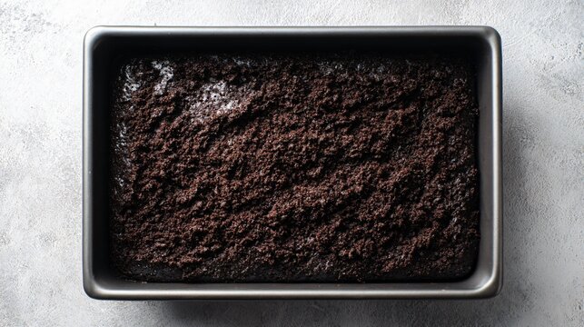 Chocolate dump cake in baking pan, overhead shot, neutral marble background - Powered by Adobe