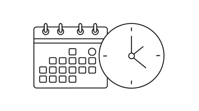 A simple line drawing depicts a calendar and clock representing time management and scheduling