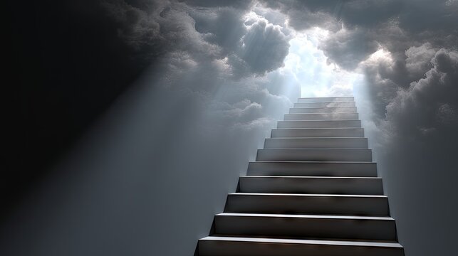 Endless stairway leads to heaven surrounded by clouds and radiant sun rays creating a sense of infinite possibilities