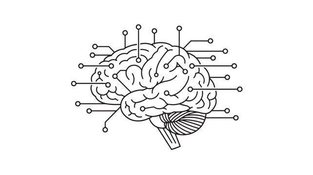 A detailed illustration depicts a human brain connected to various nodes via lines
