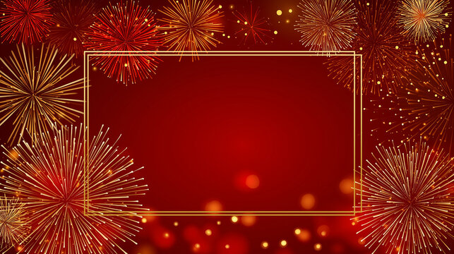 Festive red background with golden fireworks and rectangular frame for text