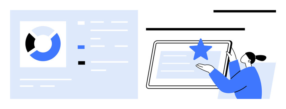 Person engaging with tablet showing star over content and pie chart beside statistics. Ideal for analytics, productivity, feedback, goals, evaluation, digital tools, innovation. Simple flat metaphor
