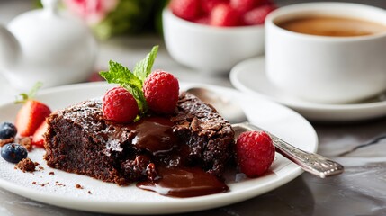 Chocolate dump cake served on marble surface, elegant table setup