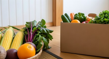 Contactless home delivery service with a cardboard box of fresh, locally sourced organic vegetables and fruit