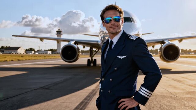 Confident pilot stands beside commercial aircraft on runway. Bright light and professional flight uniform. Pilot aviation, passenger aircraft, airline and air travel profession concept
