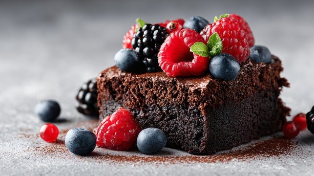 Chocolate dump cake topped with berries, modern minimal presentation, light grey background