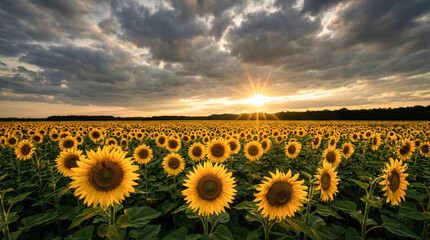 Breathtaking landscape of a blooming sunflower field at sunset with dramatic cloudy sky, golden sun rays, and vibrant yellow flowers in summer