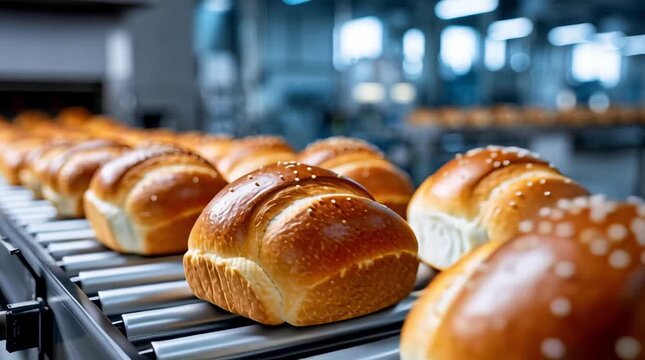 Freshly baked buns laid out in a row on a metal grate on the bakery's production line. They look appetizing and demonstrate the accuracy and quality of the baking process.	
