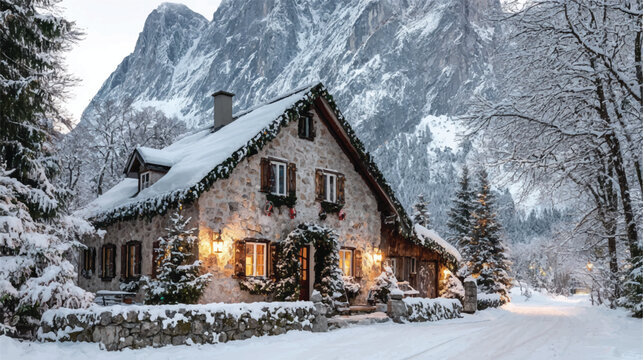 Charming stone cottage nestled in a winter wonderland with snow covered mountains