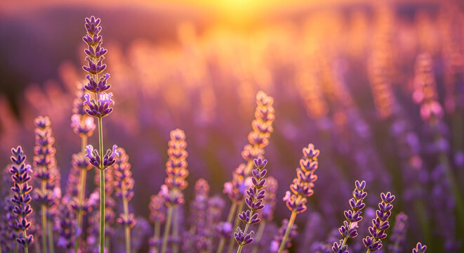 Beautiful purple lavender flowers blooming in a summer field at sunset with soft golden light and bokeh background