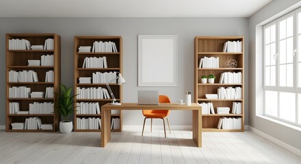 Fototapeta premium Modern home office interior with a wooden desk, bookshelves, and a blank vertical poster frame on the wall for mockup
