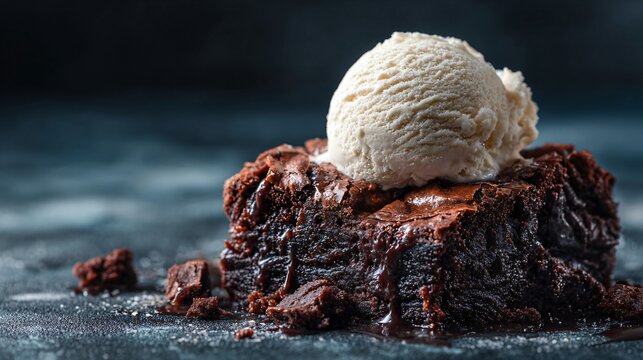 Chocolate fudge dump cake with scoop of vanilla ice cream, dark stone background
